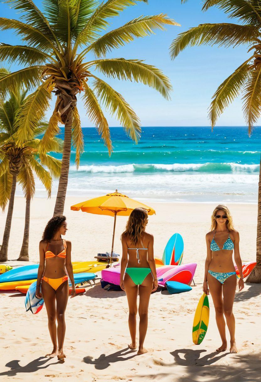 A vibrant scene of a Brazilian beach showcasing colorful beachwear collections, with sun-kissed models wearing stylish swimsuits and accessories, lounging under palm trees on golden sands, surfboards in the background, sparkling waves gently lapping at the shore. The atmosphere is lively and inviting, evoking a sense of summer fun and adventure. super-realistic. vibrant colors. white background.